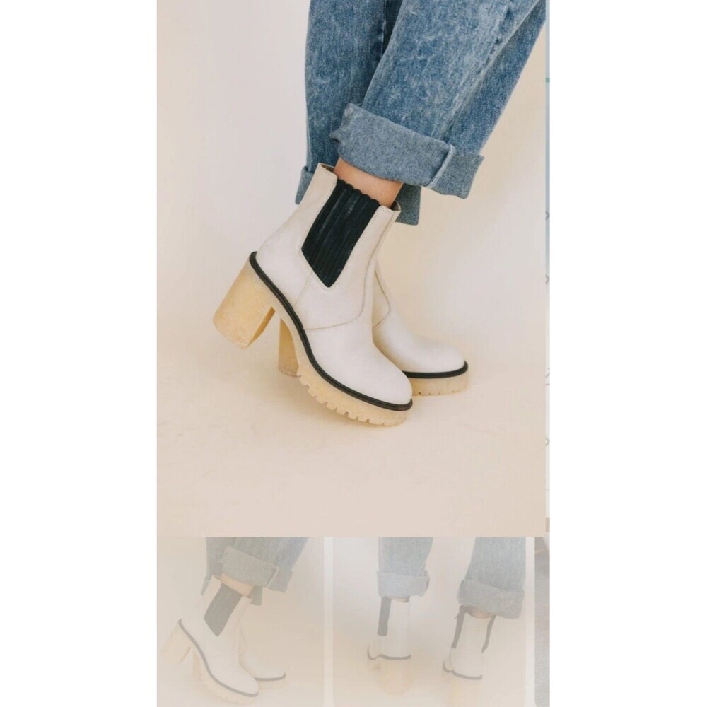 Free People Womens Chelsea Boots US 7 Cream Lug Sole Block Heel Streetwear - Picture 3 of 13
